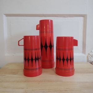 Vintage Set of 3 Aladdin Red & Black Thermoses Diamond Pattern